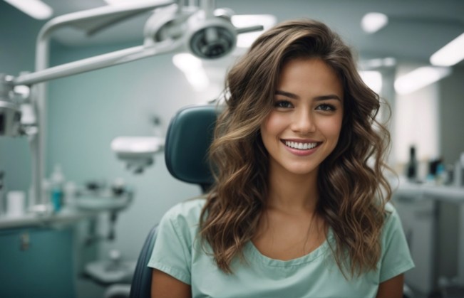 Young woman in dental chair smiling